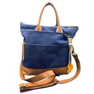 R. Riveter American Handmade Navy Canvas Tan Leather Crossbody Satchel Bag